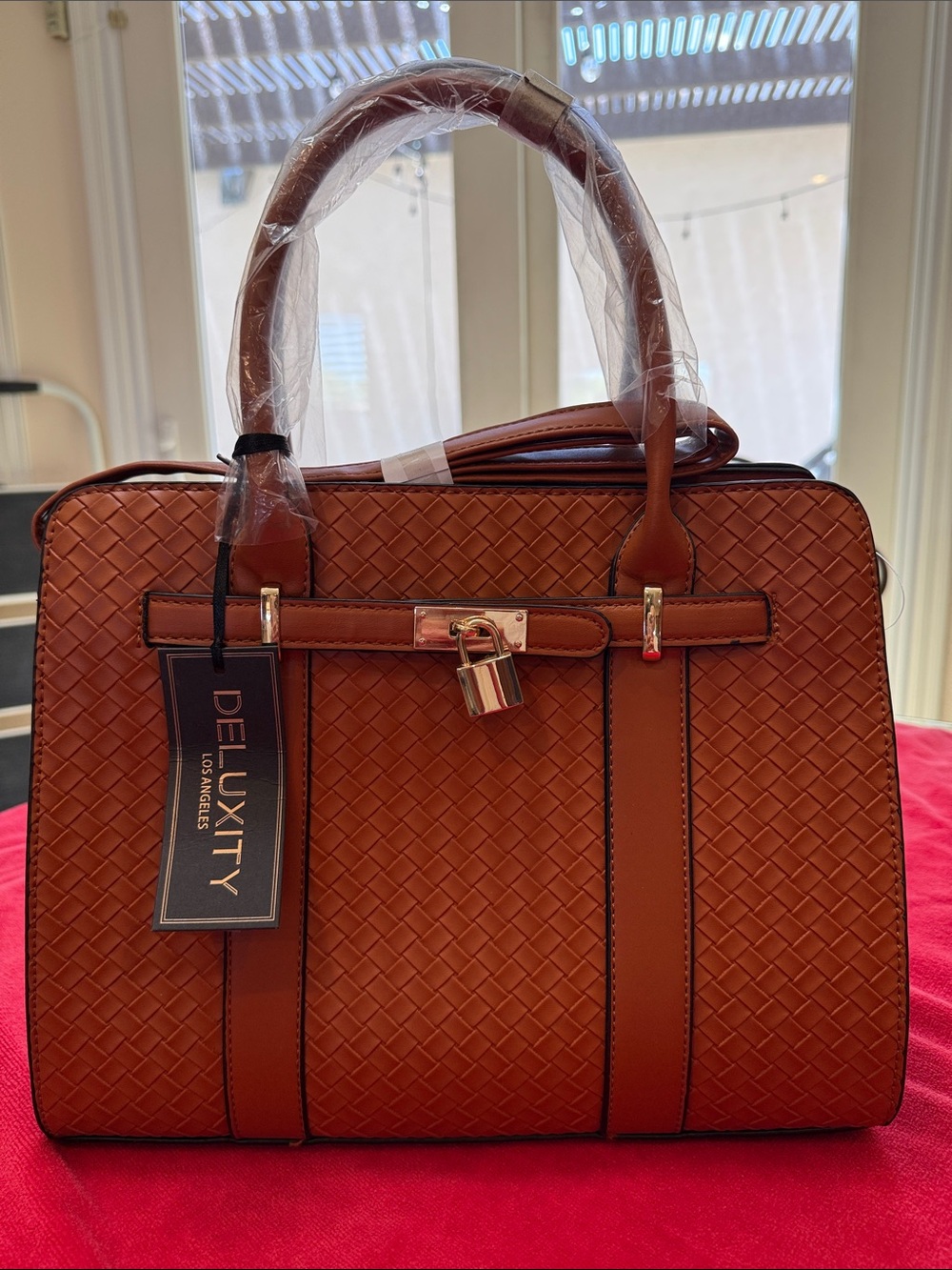 Deluxity Woven Satchel Handbag in Cognac Brown